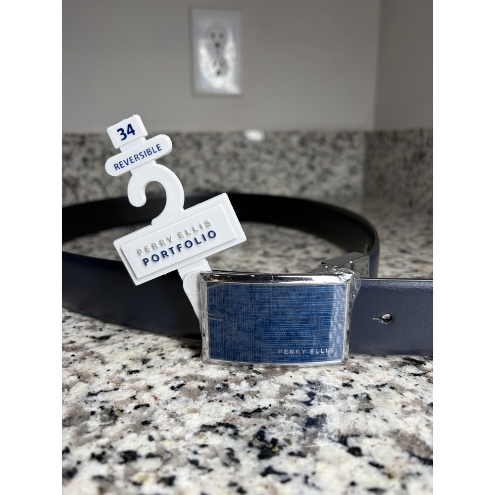 Perry Ellis Reversible Leather Belt Navy/Black Blue Pattern Plaque Size 34 New
